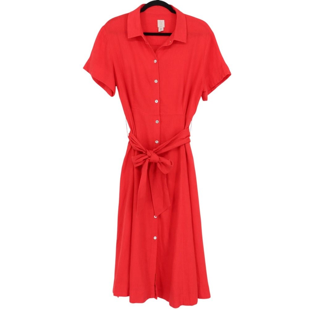 Joie Womens Linen Blend Short Sleeve Button Size M Red Belted Midi Shirt Dress